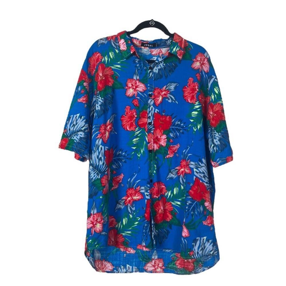 Jogal Men’s Collared Button Down Shirt Blue Pink Tropical Floral Print Size XXL